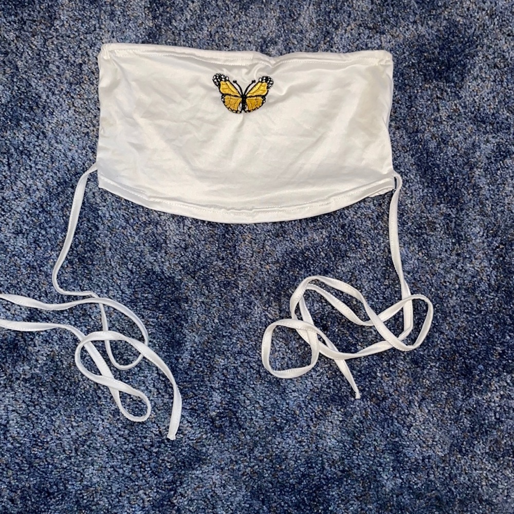 Cropped strapless butterfly top with ties. Never been worn!